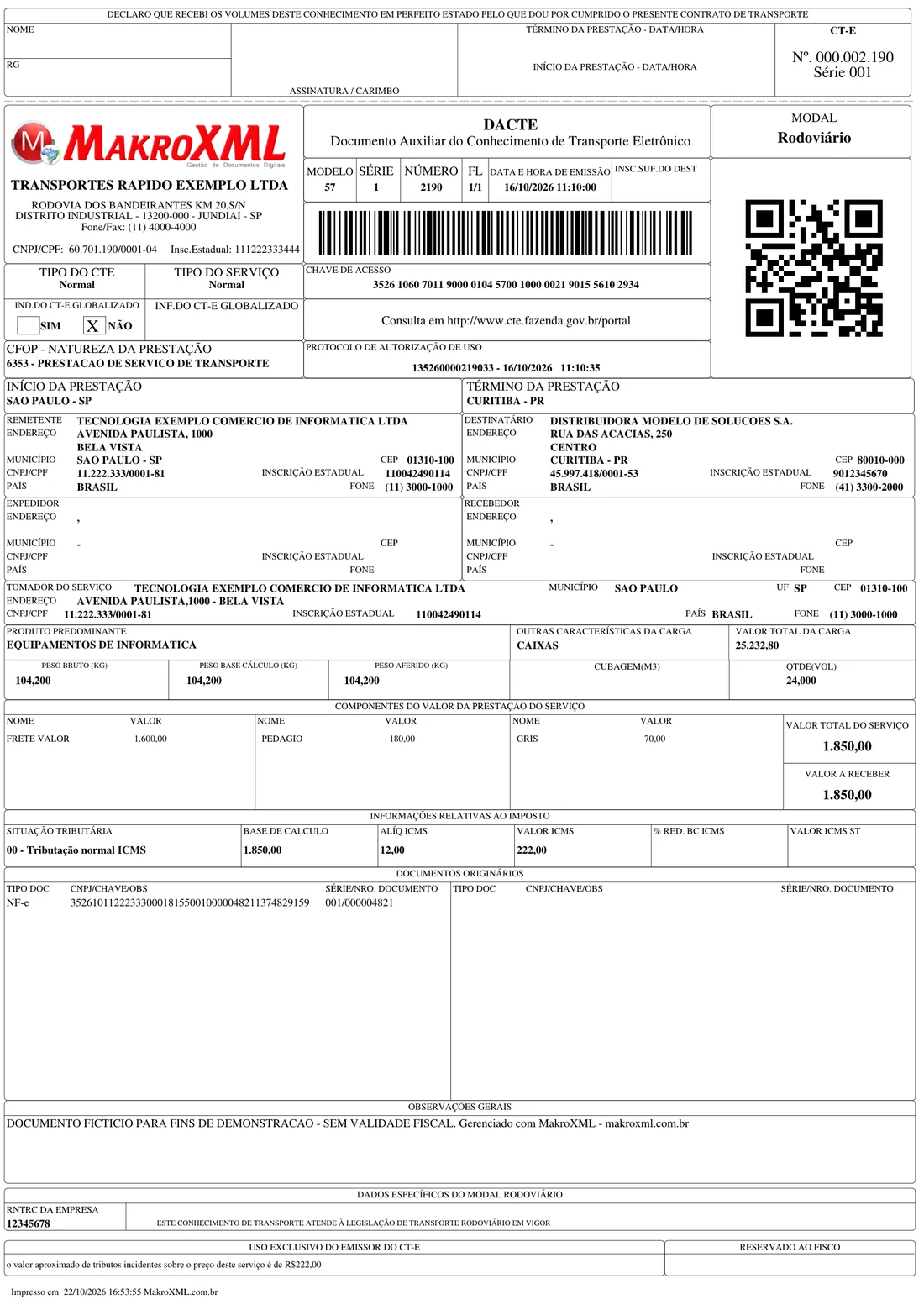 Exemplo de DACTE de CT-e com remetente, destinatário e valores da prestação