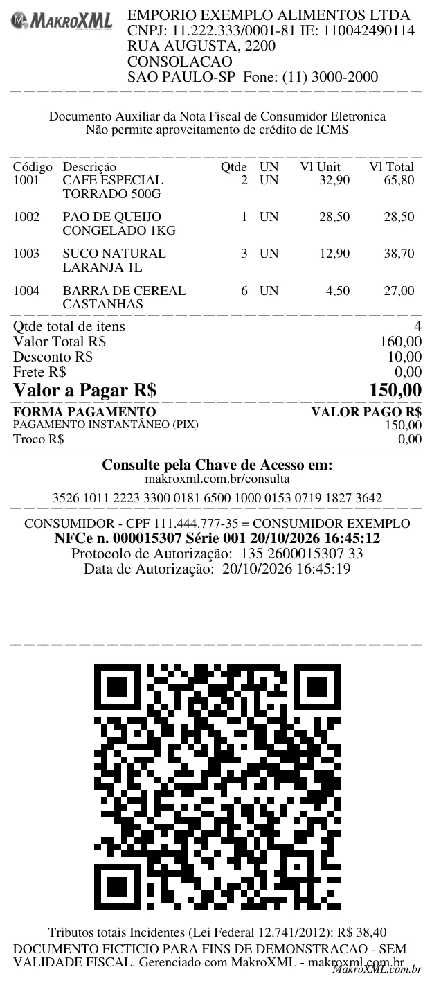 Exemplo de cupom de NFC-e com itens, forma de pagamento e QR code