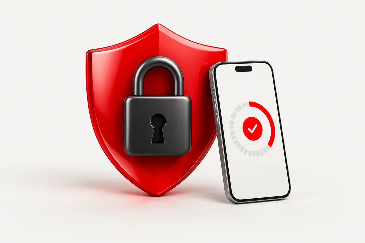 Escudo vermelho com cadeado e um celular exibindo o código de verificação